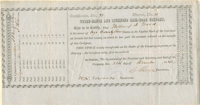 Terre-Haute and Richmond Rail-Road Co. - 1848 dated Railway Stock Certificate